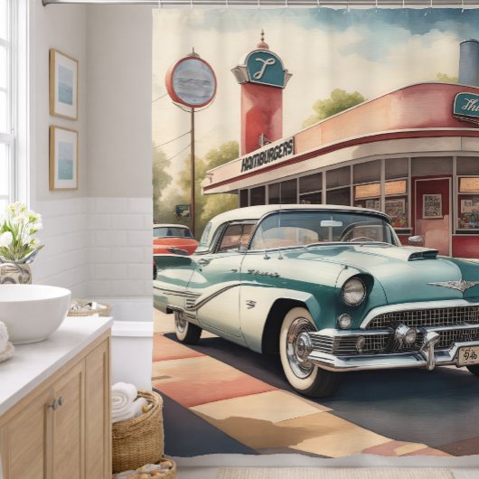 Aquarellmalerei auf Vintage Car und Diner Duschvorhang