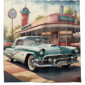 Aquarellmalerei auf Vintage Car und Diner Duschvorhang (Vorderseite)