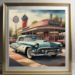 Aquarellmalerei auf Vintage Car und Diner Poster
