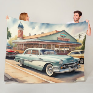 Aquarellmalerei auf Vintage Cars und Diner Fleecedecke