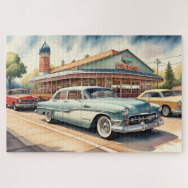 Aquarellmalerei auf Vintage Cars und Diner Puzzle