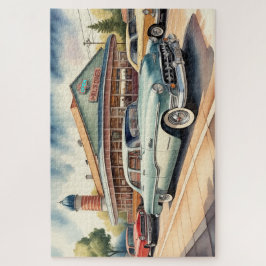 Aquarellmalerei auf Vintage Cars und Diner Puzzle