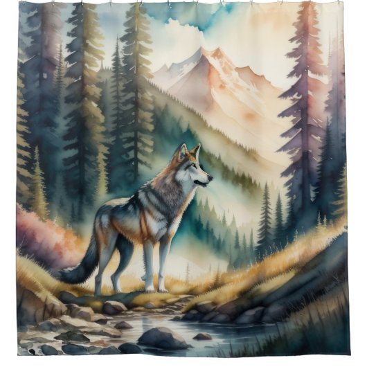 Aquarellmalerei auf Wolf im Wald Duschvorhang (Vorderseite)