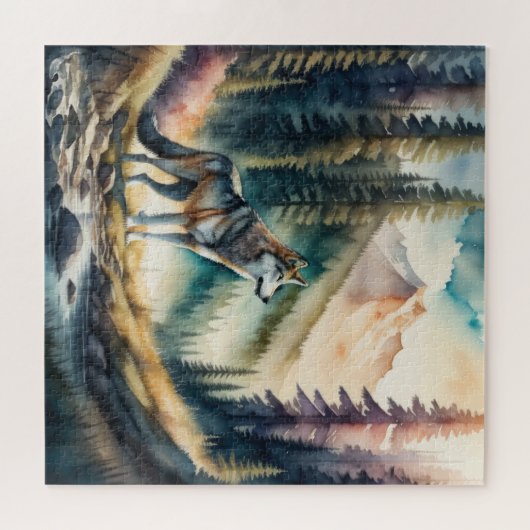 Aquarellmalerei auf Wolf im Wald Puzzle (Horizontal)