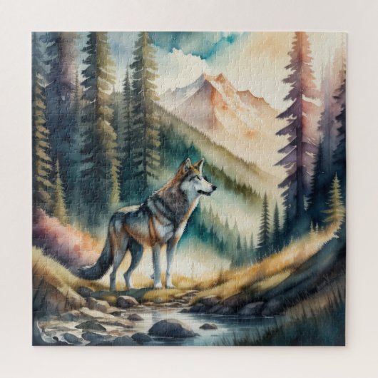 Aquarellmalerei auf Wolf im Wald Puzzle (Vertikal)