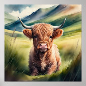 Aquarellmalerei Baby Highland Cow Sitzen 1:1 Poster (Vorne)