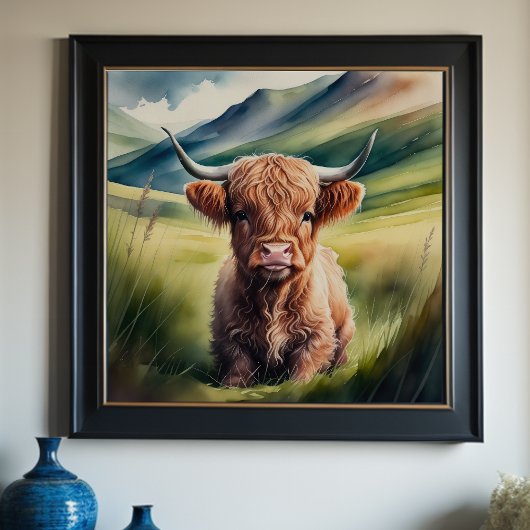 Aquarellmalerei Baby Highland Cow Sitzen 1:1 Poster