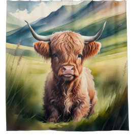 Aquarellmalerei Baby Highland Cow Sitzen Duschvorhang