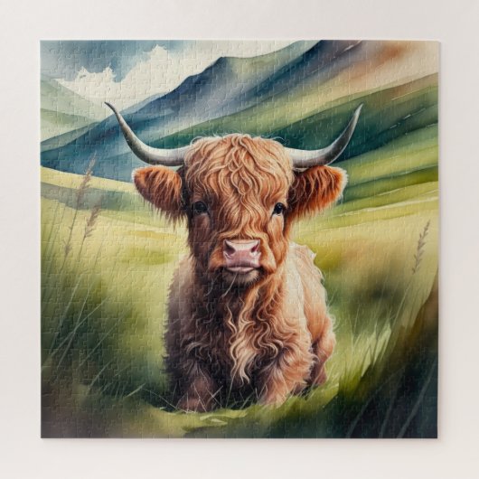 Aquarellmalerei Baby Highland Cow Sitzen Puzzle (Vertikal)