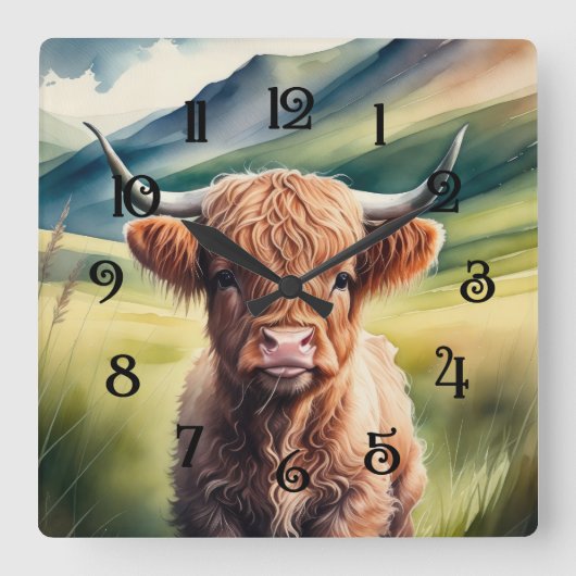 Aquarellmalerei Baby Highland Cow Sitzen Quadratische Wanduhr (Vorderseite)