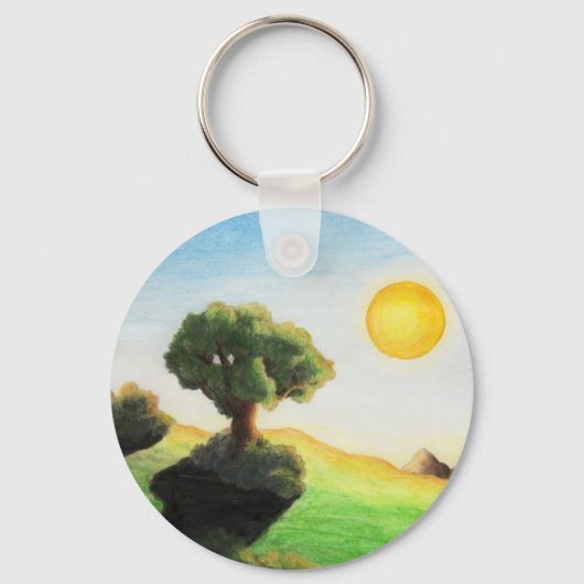 Aquarellmalerei Baumkunst Sonnenlandschaft Schlüsselanhänger (Vorderseite)