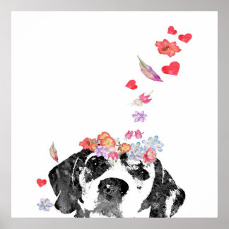 Aquarellmalerei Beagle Hund Kranz Blumen Poster