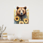 Aquarellmalerei Braunbär und Sonnenblumen Poster (Küche)