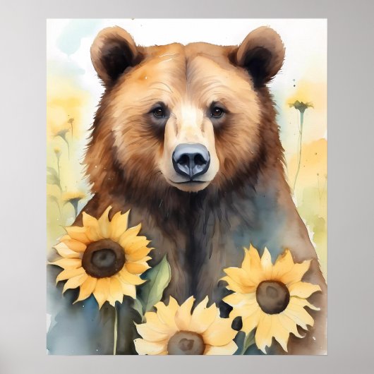 Aquarellmalerei Braunbär und Sonnenblumen Poster (Vorne)