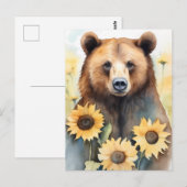 Aquarellmalerei Braunbär und Sonnenblumen Postkarte (Vorne/Hinten)