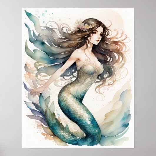 Aquarellmalerei Braunhaarige Meerjungfrau Poster (Vorne)