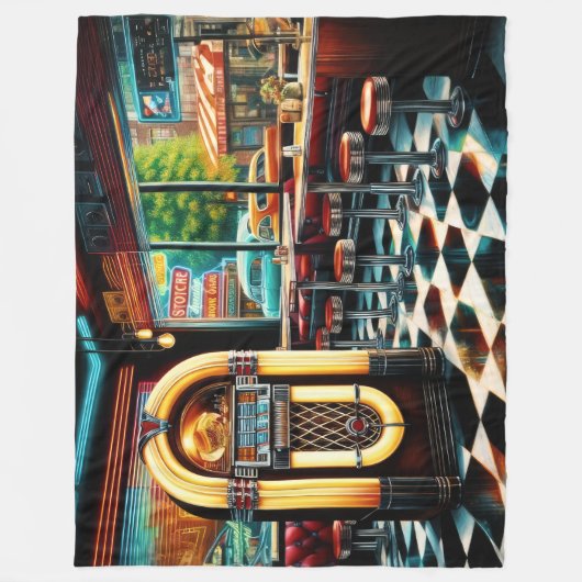 Aquarellmalerei der 50er Jahre Diner Jukebox Fleecedecke (Vorderseite)