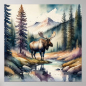 Aquarellmalerei der Elche im Wald 1:1 Poster (Vorne)