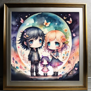 Aquarellmalerei der Familie Kawaii Chibi 1:1 Poster