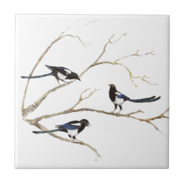 Aquarellmalerei der Familie Magpie Bird Fliese