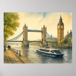 Aquarellmalerei der modernen Londoner Themse Poster