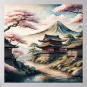 Aquarellmalerei des antiken japanischen Dorfes Poster (Vorne)