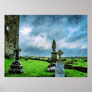 Aquarellmalerei des Friedhofs von Rock of Cashel Poster