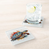 Aquarellmalerei einer bunten Schildkröte Glasuntersetzer (Schrägansicht)