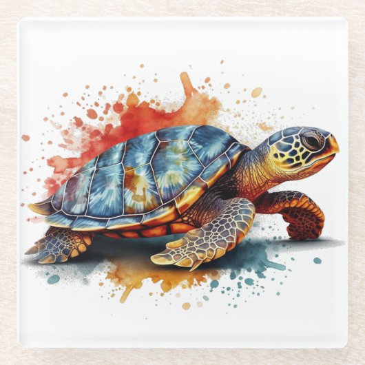 Aquarellmalerei einer bunten Schildkröte Glasuntersetzer (Vorderseite)