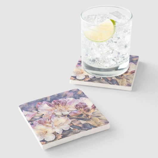 Aquarellmalerei einer lila Azeenblüte Steinuntersetzer (Seitenansicht)