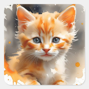 Aquarellmalerei einer niedlichen Orangenkatze Quadratischer Aufkleber