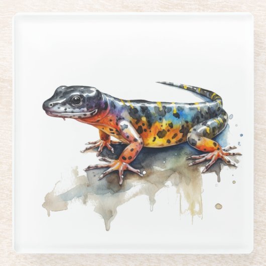 Aquarellmalerei eines farbigen Salamander Glasuntersetzer (Vorderseite)