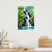 Aquarellmalerei eines kaskadenförmigen Wasserfalls Poster (Küche)