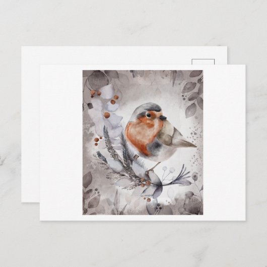 Aquarellmalerei eines Robin Bird mit einer Blume Postkarte (Vorne/Hinten)