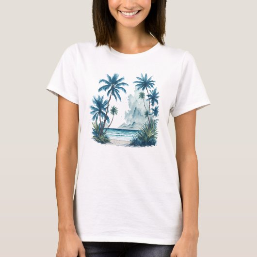 Aquarellmalerei eines Strandes mit Palmen T-Shirt (Vorderseite)