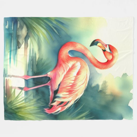 Aquarellmalerei Flamingo Fleecedecke (Vorderseite (Horizontal))