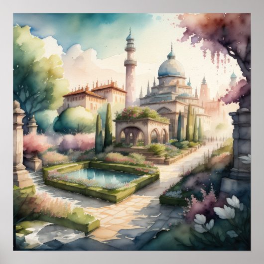 Aquarellmalerei Gartenlandschaft Poster (Vorne)