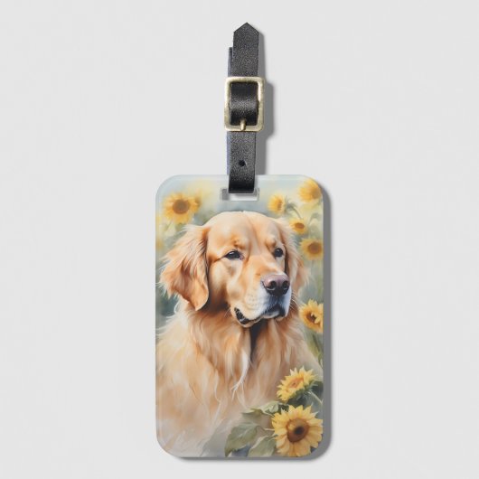 Aquarellmalerei Goldener Retriever und Sonnenblume Gepäckanhänger (Vorderseite Vertikal)
