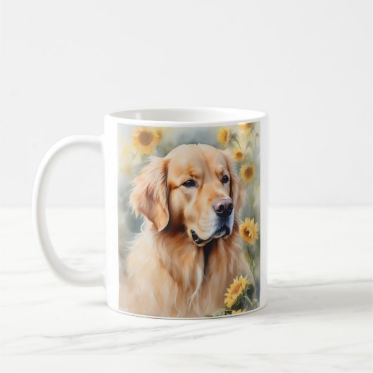 Aquarellmalerei Goldener Retriever und Sonnenblume Kaffeetasse (Links)