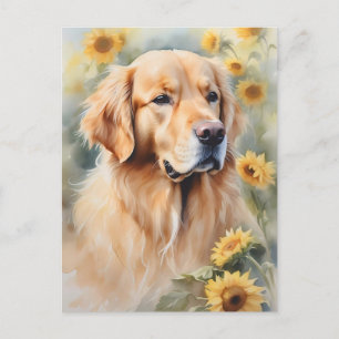 Aquarellmalerei Goldener Retriever und Sonnenblume Postkarte