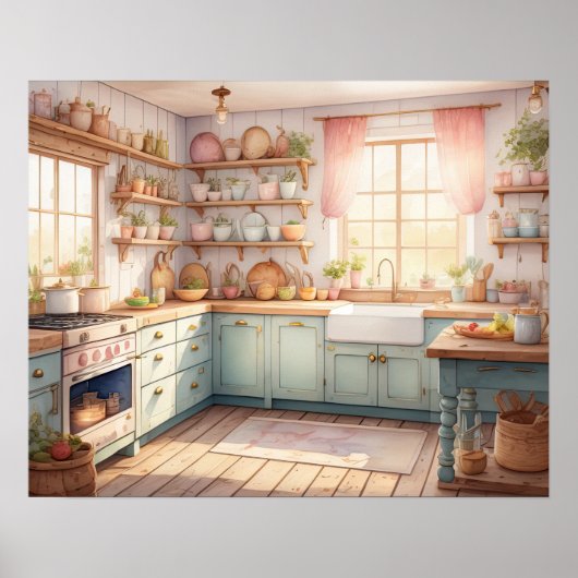 Aquarellmalerei im Bauernhof Küche Poster (Vorne)