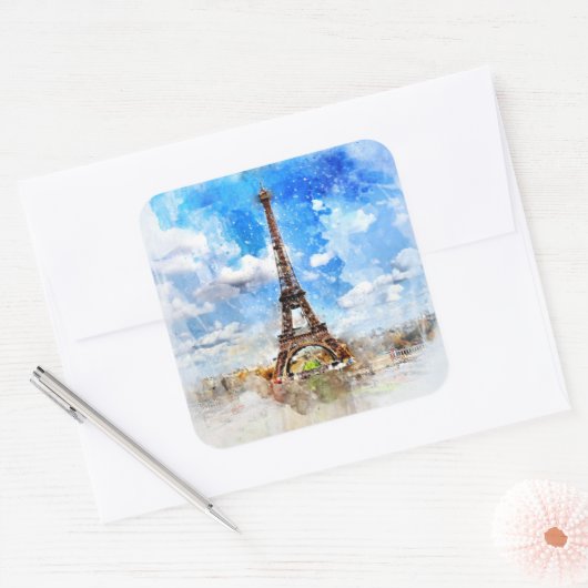 Aquarellmalerei im Eiffelturm Quadratischer Aufkleber (Umschlag)