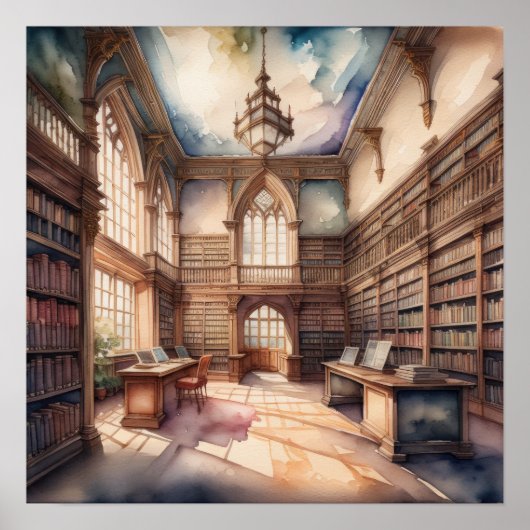 Aquarellmalerei in der englischen Manorbibliothek Poster (Vorne)