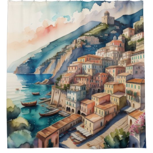 Aquarellmalerei in der Stadt Europa-Mittelmeer Duschvorhang (Vorderseite)