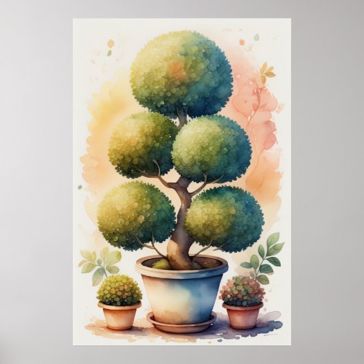 Aquarellmalerei in Topiary Tree in Pot II Poster (Vorne)