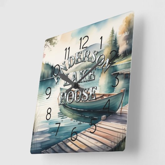 Aquarellmalerei Kanufahrt Dock Mountain Quadratische Wanduhr (Winkel)