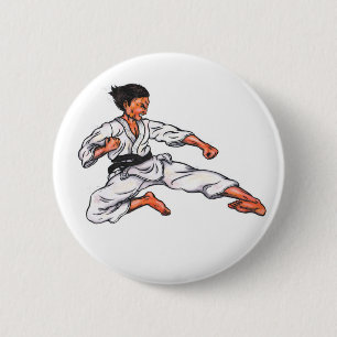 Aquarellmalerei Karate Mann springen und kicken Button