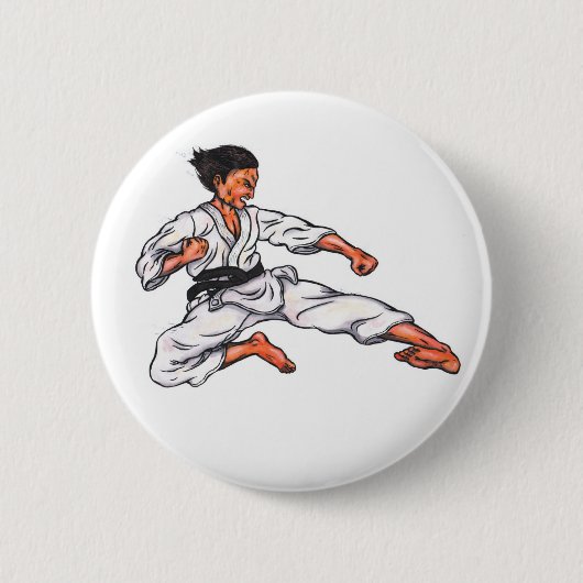 Aquarellmalerei Karate Mann springen und kicken Button (Vorderseite)