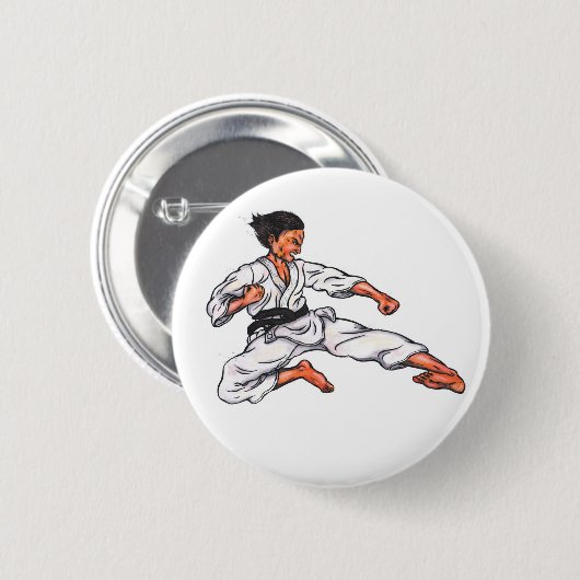 Aquarellmalerei Karate Mann springen und kicken Button (Vorne & Hinten)