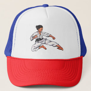 Aquarellmalerei Karate Mann springen und kicken Truckerkappe